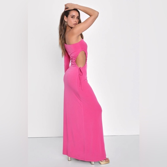 Lulus Sweet Flirt Pink Long Sleeve One-Shoulder Cutout Maxi Size Large Dress - Picture 1 of 7